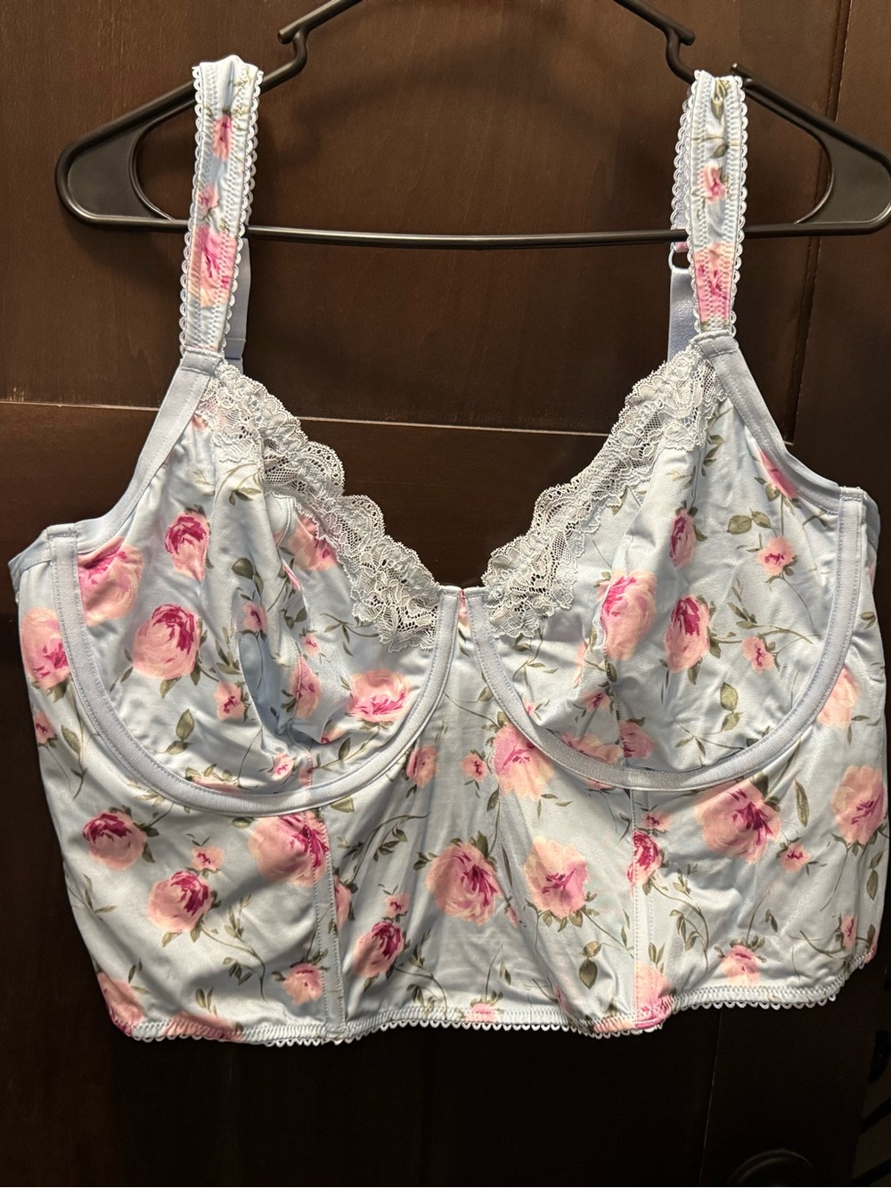 torrid Light Blue Floral Longline Bra with Pink Rose Print